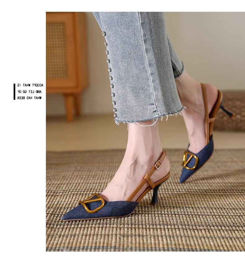French Shallow Mouth Pointed Toe Stiletto Women's Denim High Heel Sandals Summer Breathable and Leg-lengthening