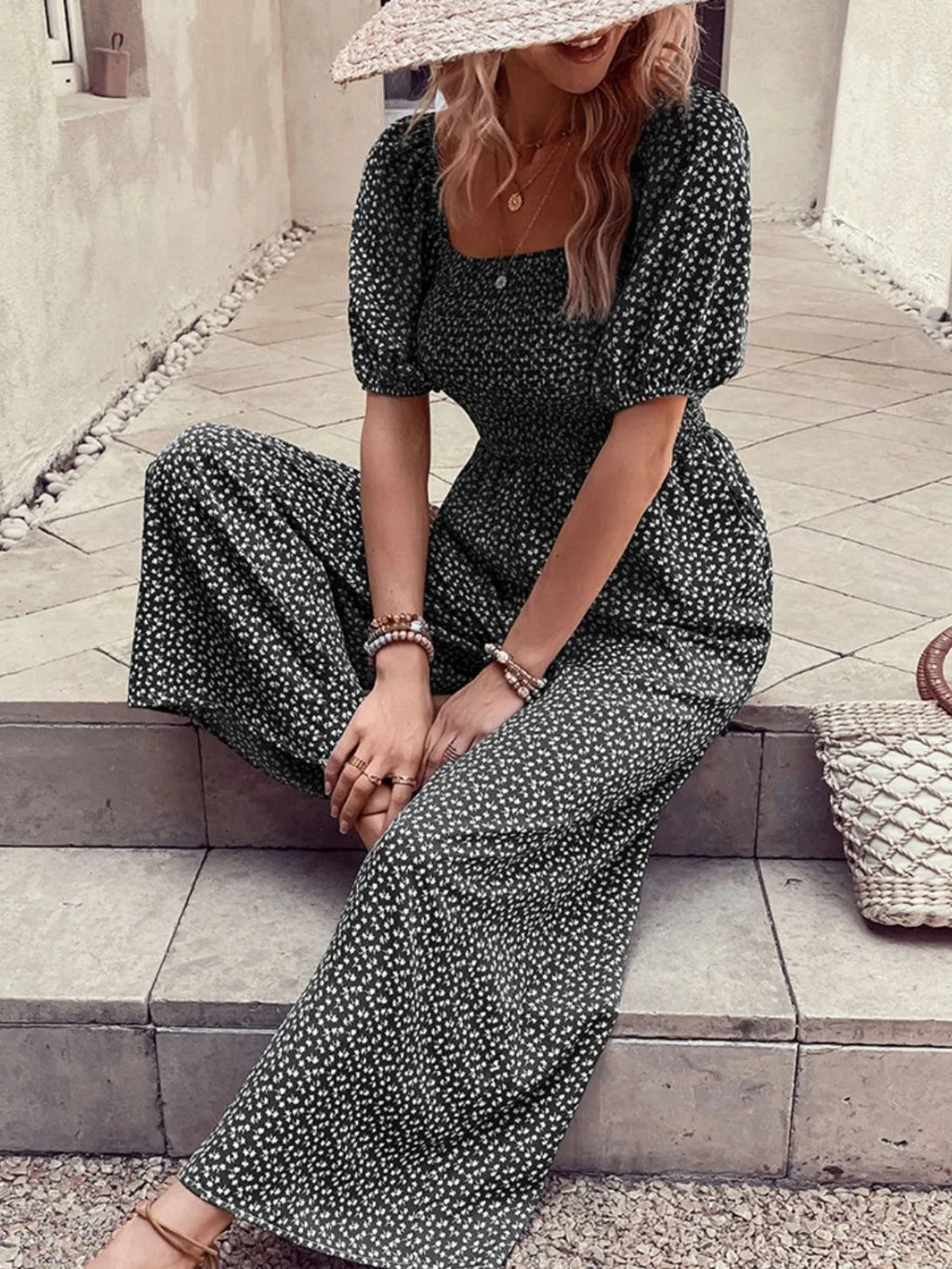 Printed Square Neck Puff Sleeve Jumpsuit.
