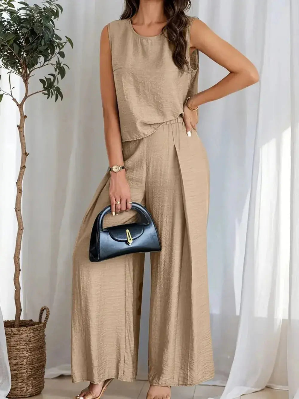 Round Neck Sleeveless Top and Wide Leg Pants Set.