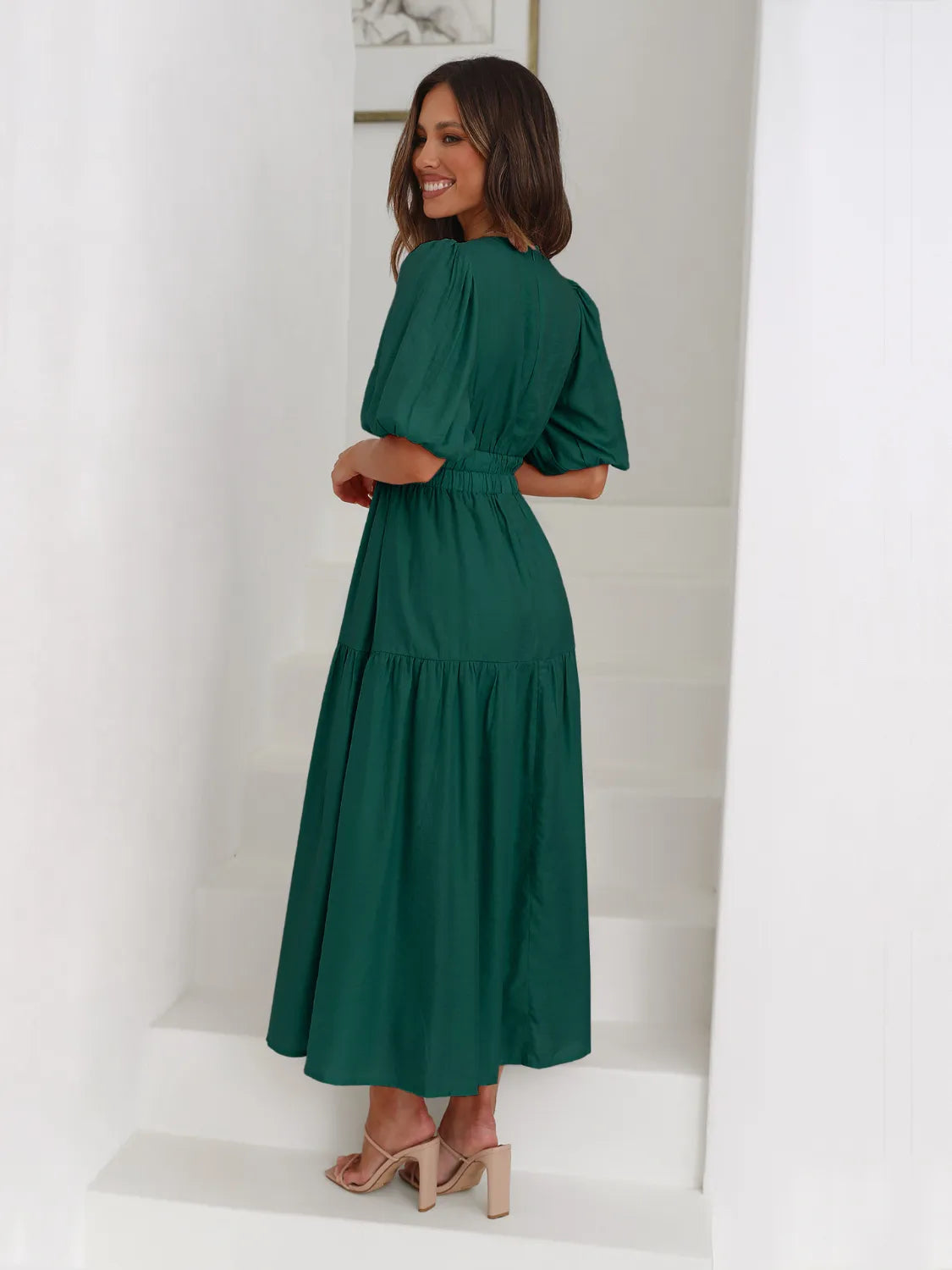 Tiered Surplice Half Sleeve Midi Dress.