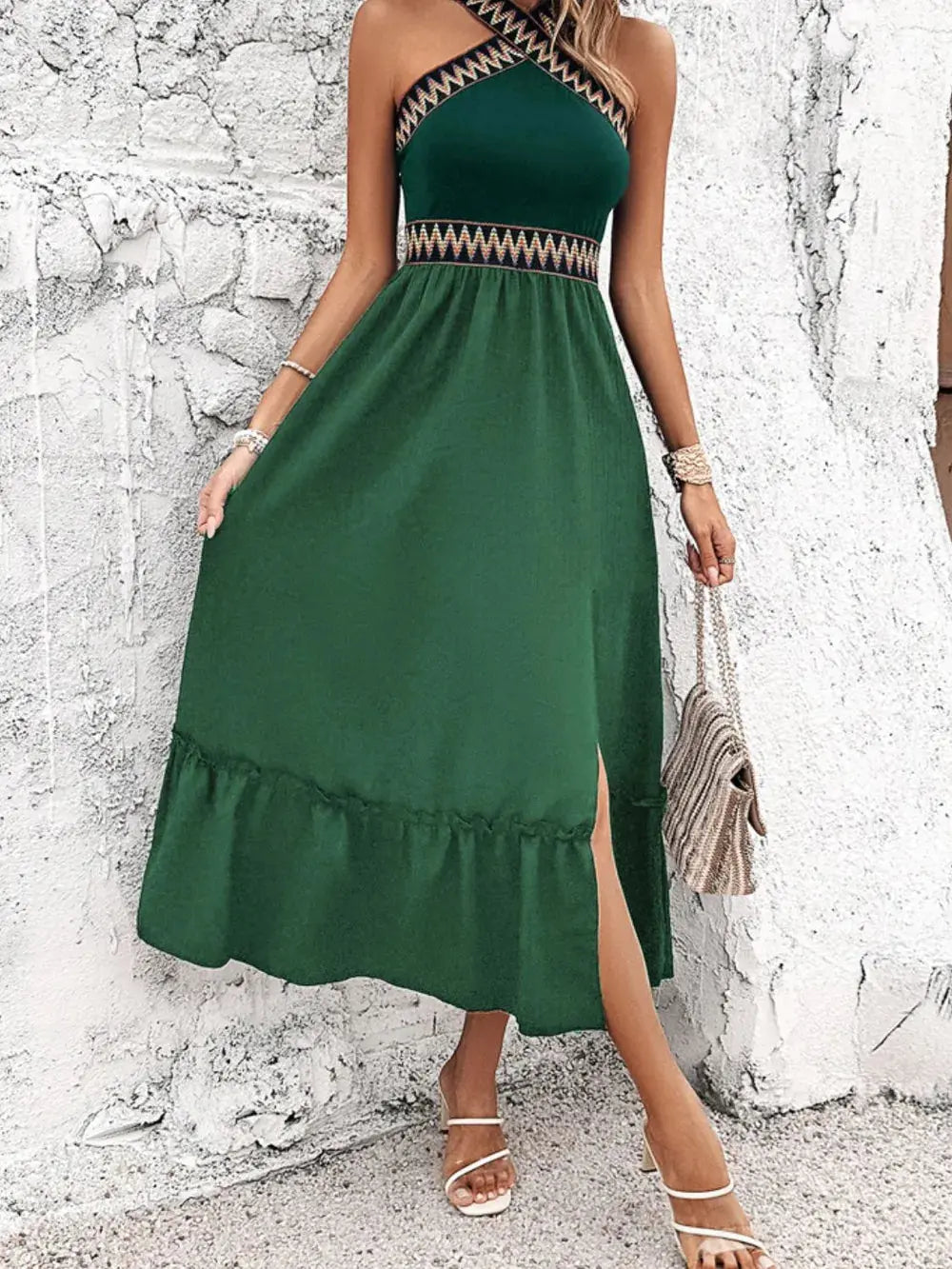 Devine Ruffled Slit Sleeveless Midi Dress.