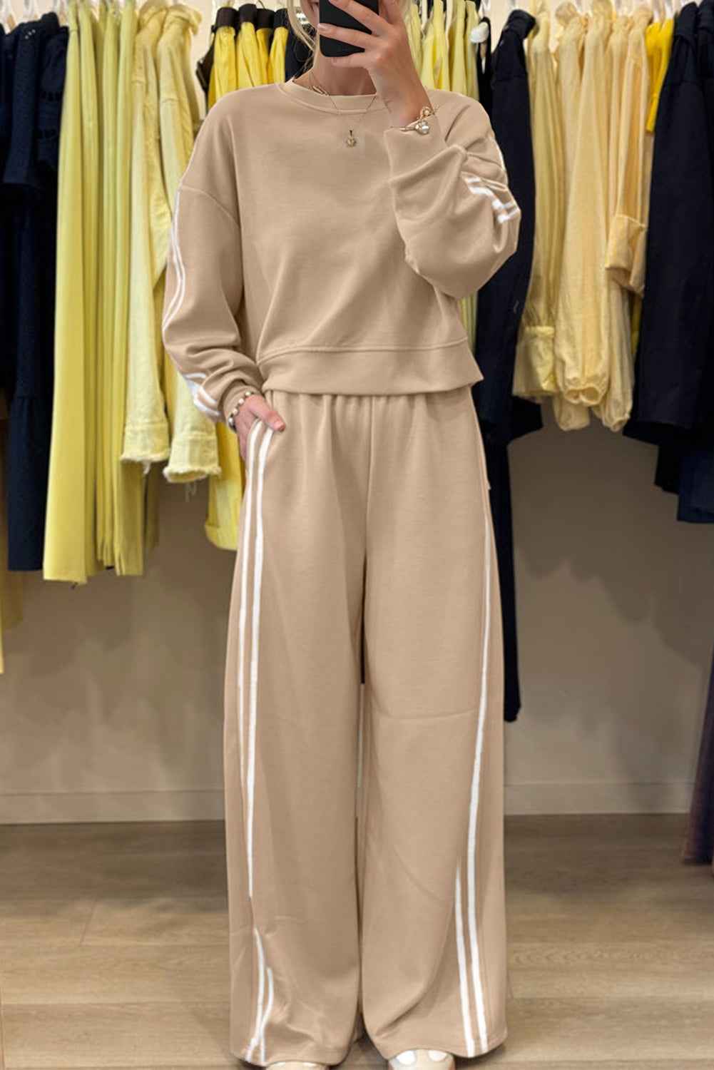 Oatmeal Varsity Striped Detail Crewneck Pullover Elastic Sweatpants 2pcs Outfit