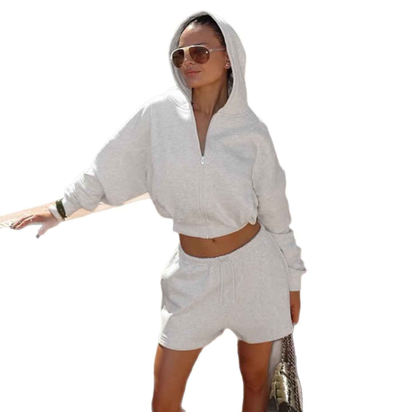 Hoodie Two-Piece Set with Waist-Cinching Crop Hooded Jacket and Drawstring Loose Shorts