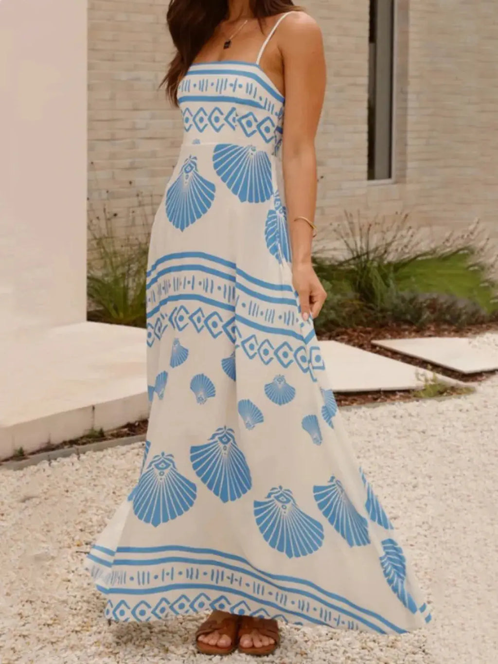 Seashell Print Spaghetti Strap Maxi Dress.