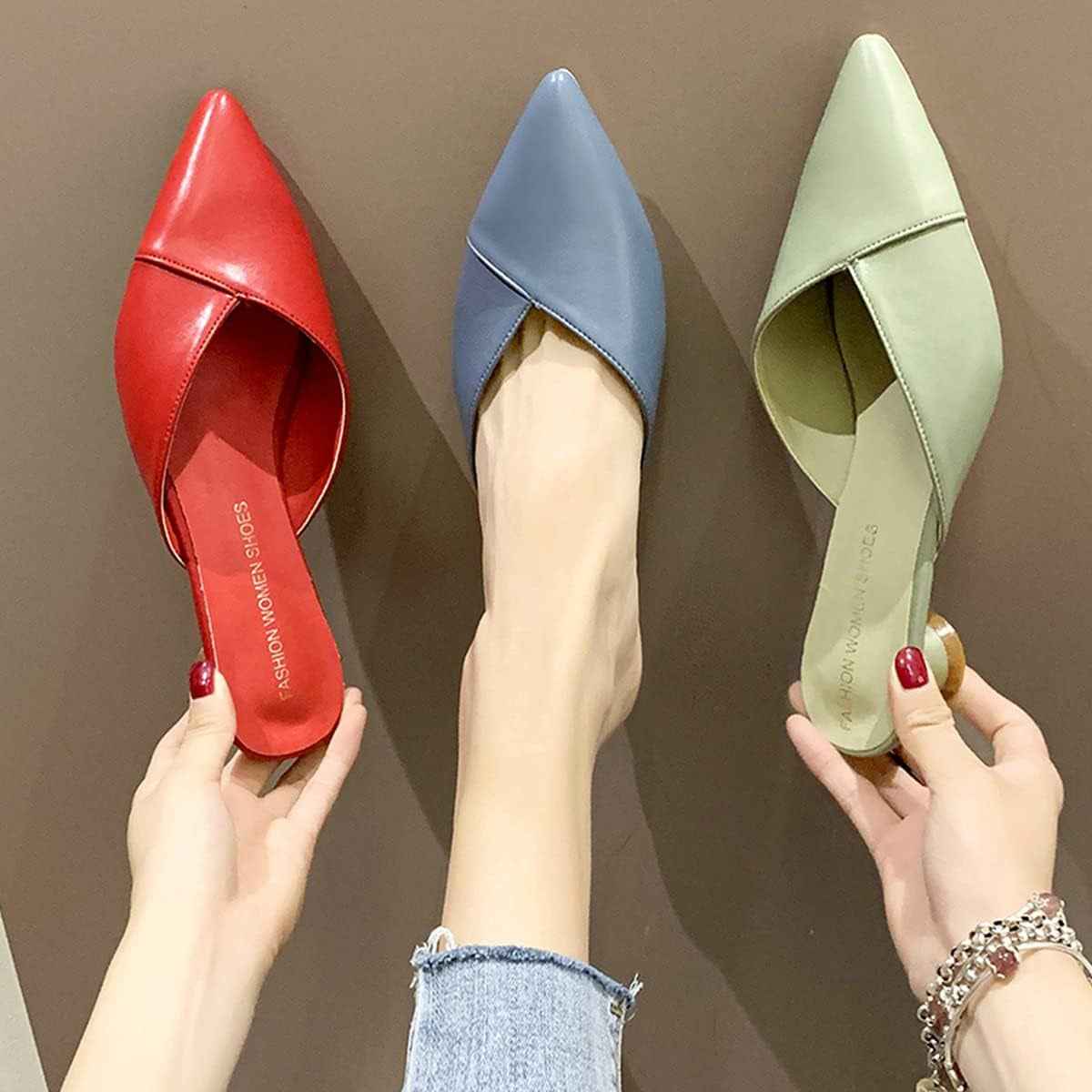 Hello Shero Comfortable Low Heel Mules Closed Pointed Toe Slip on Pumps Soft Synthetic Leather Dress Shoes Casual Daily Wear