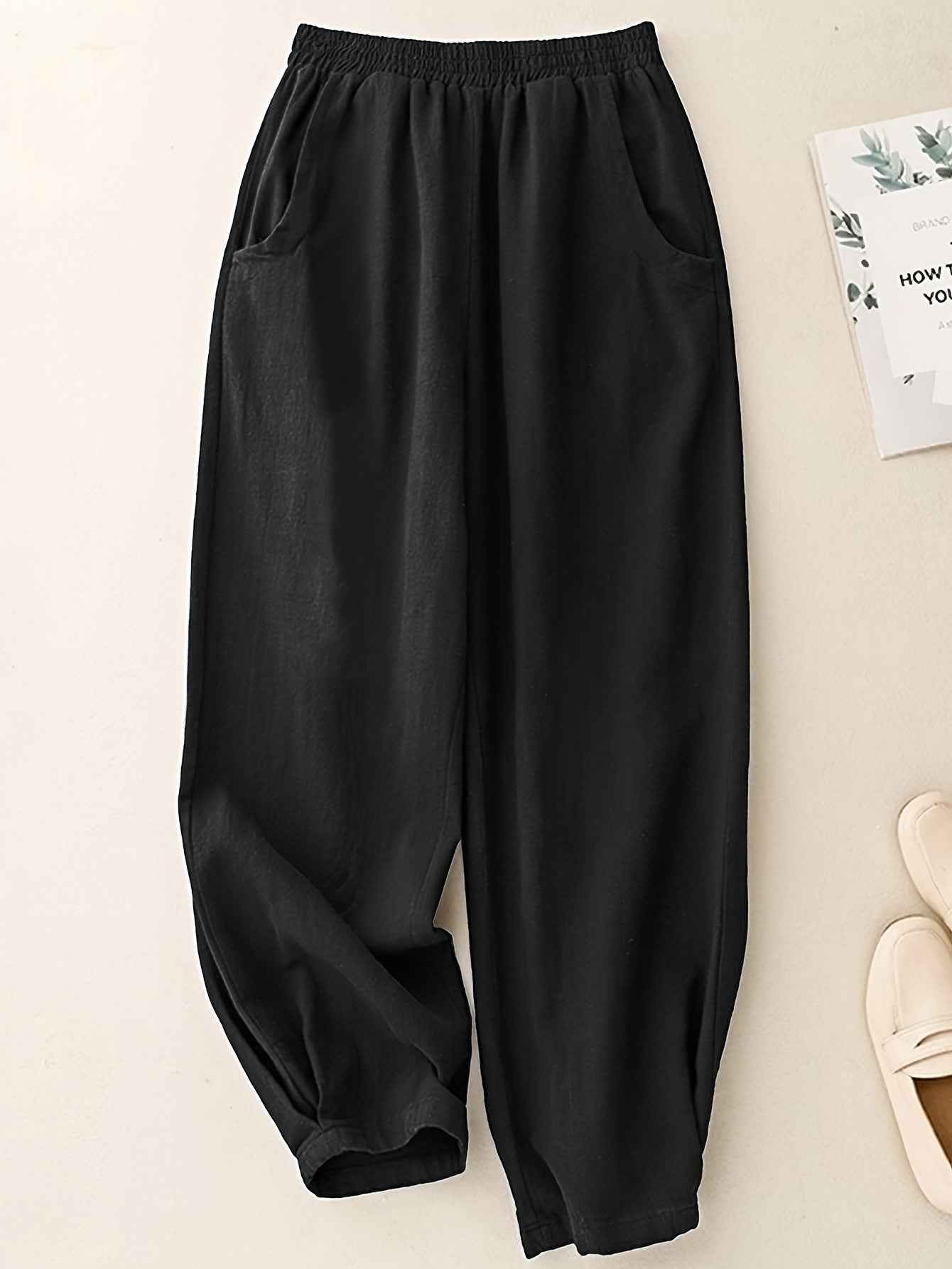 Navy Blue Cotton-Linen Ankle-Cinched Bloomer Pants For Women