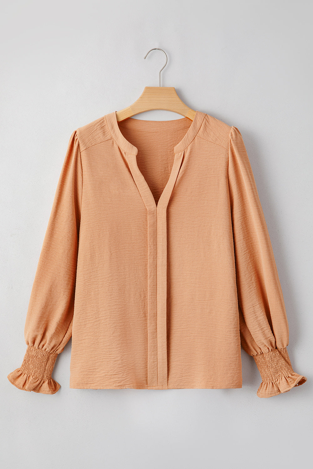 Straw Yellow Solid Color Shirred Cuff Notch V Neck Blouse Dear-Lover Dropshipping