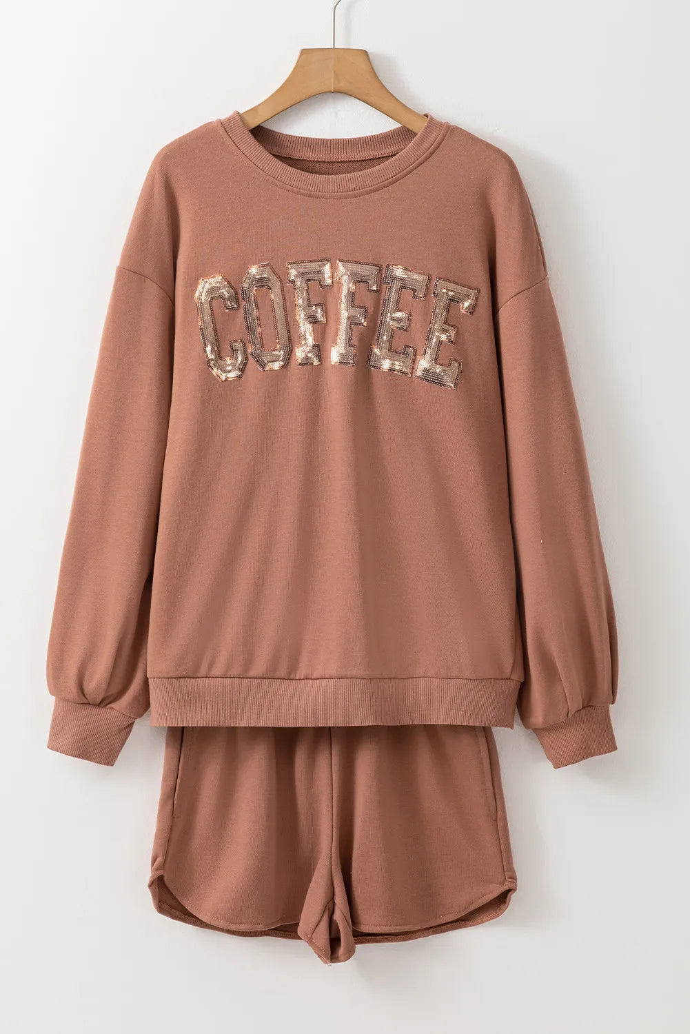 COFFEE Sequin Round Neck Long Sleeve Top and Shorts Set.