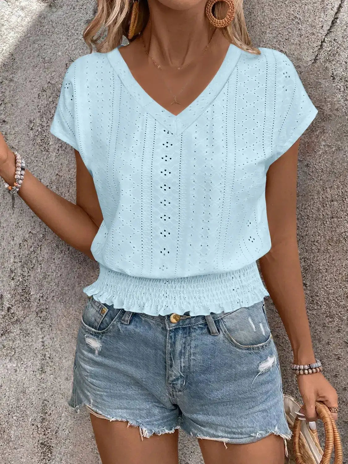Eyelet V-Neck Short Sleeve Blouse.