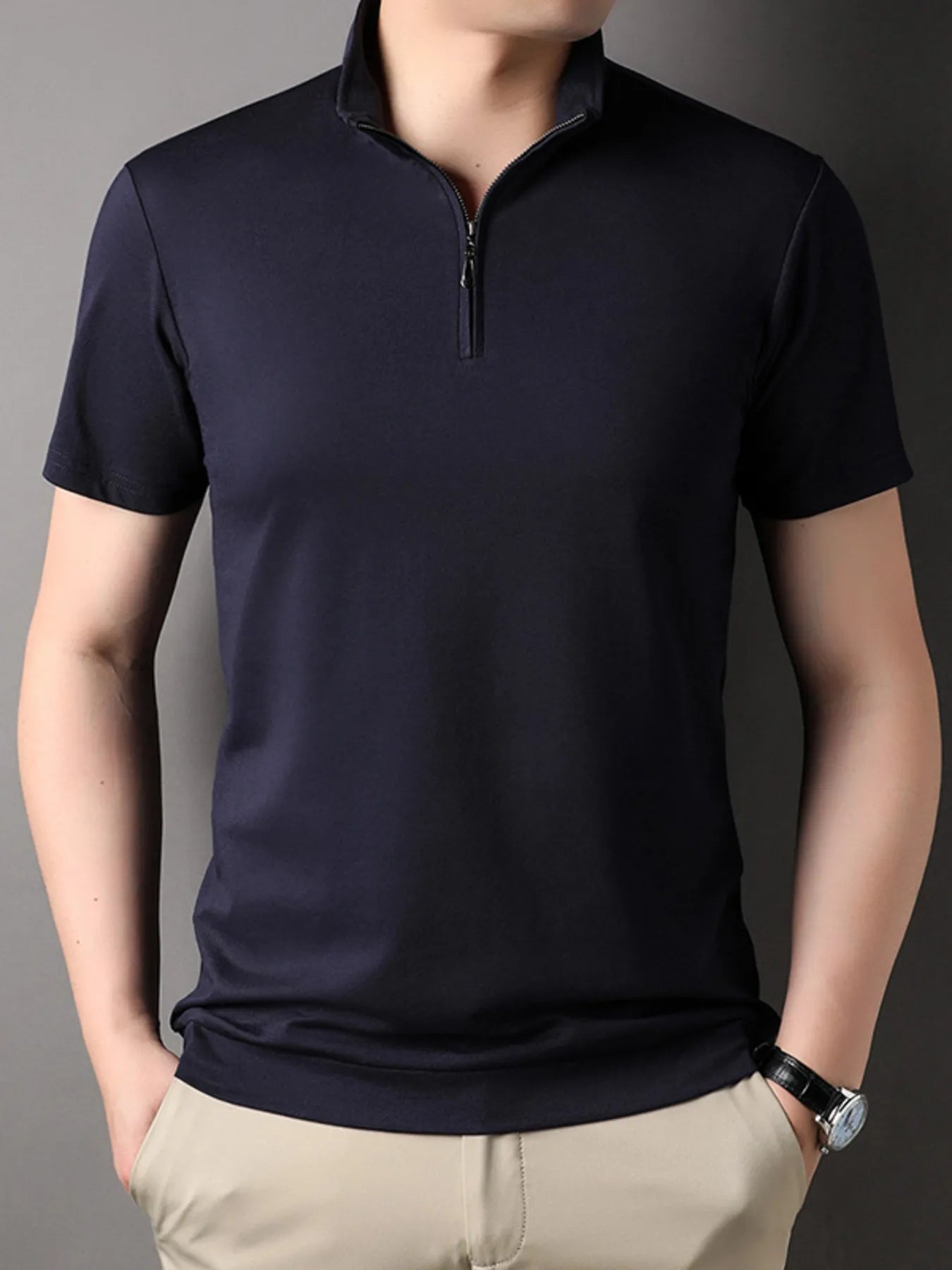 Men's Plus Size Zip Collar Short Sleeve Polo Shirt.