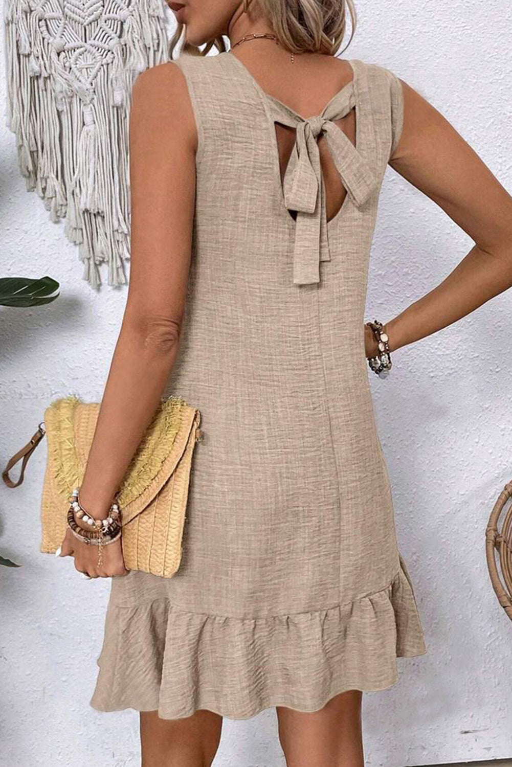 Smoke Gray Knot Scoop Back Ruffle Hem Sleeveless Mini Dress Dear-Lover Dropshipping