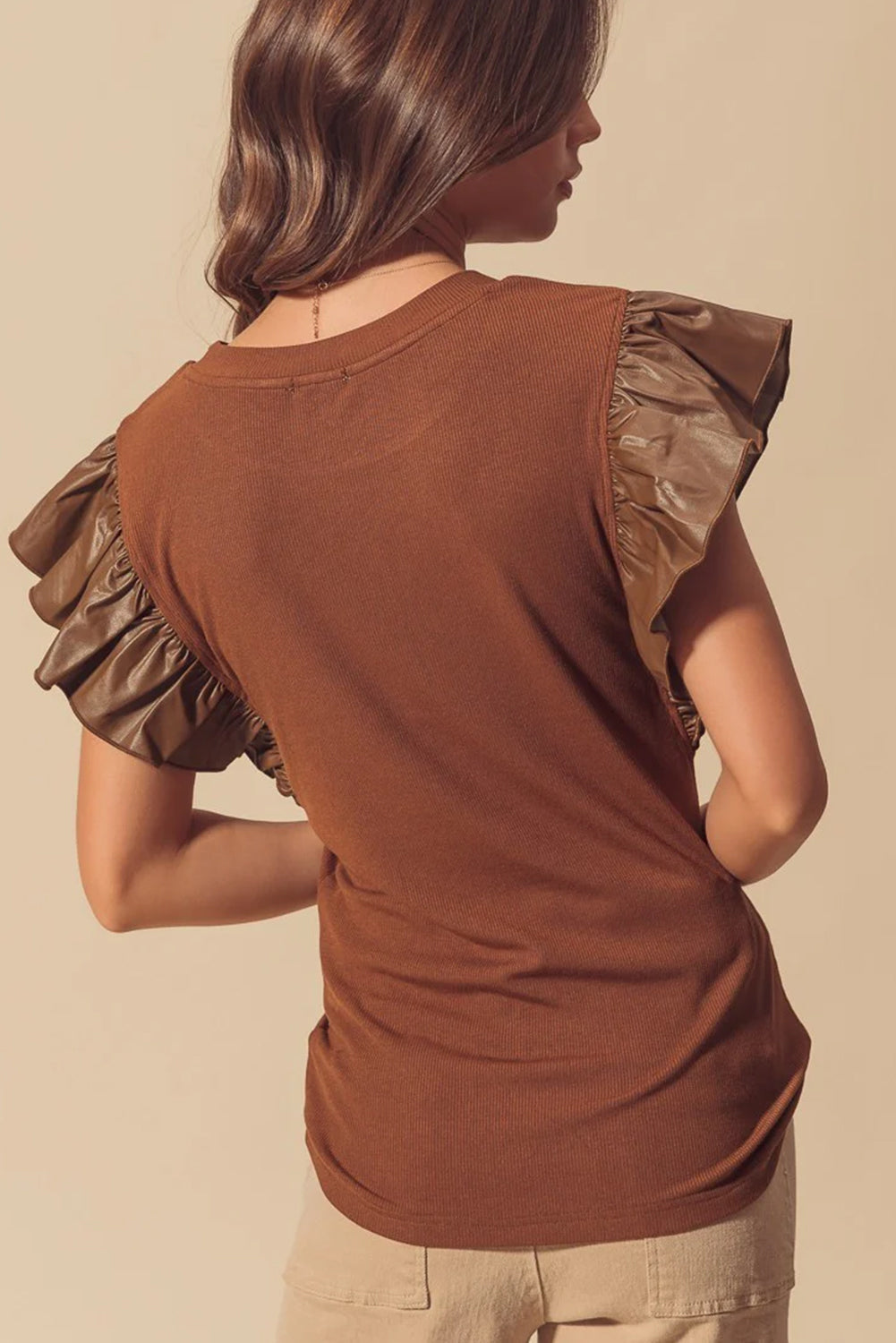 Cinnamon Leather Ruffle Sleeve Patchwork Round Neck Blouse Dear-Lover Dropshipping