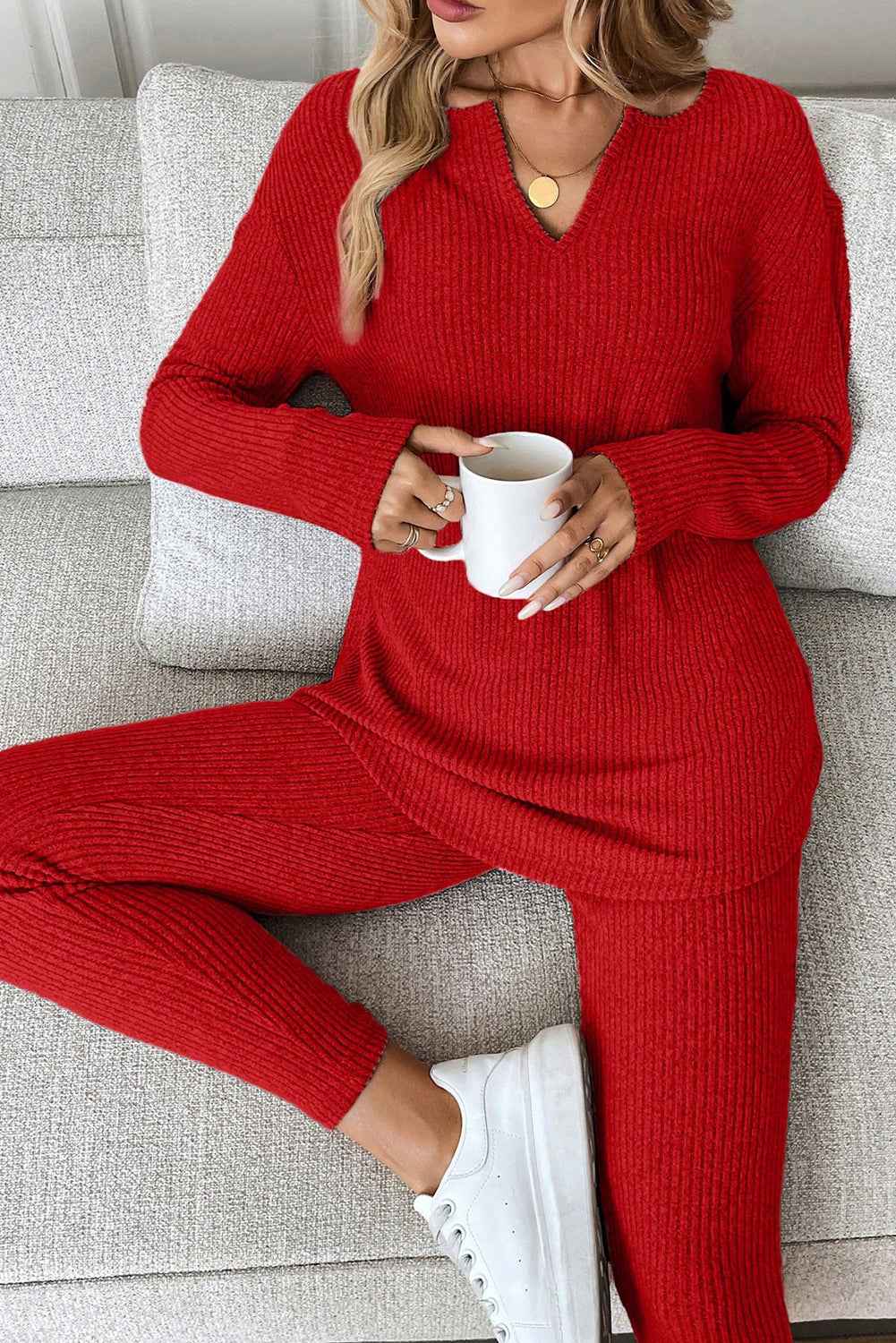 Racing Red Ribbed Notched Neck Knit Long Sleeve Leggings Two Pieces Lounge Set