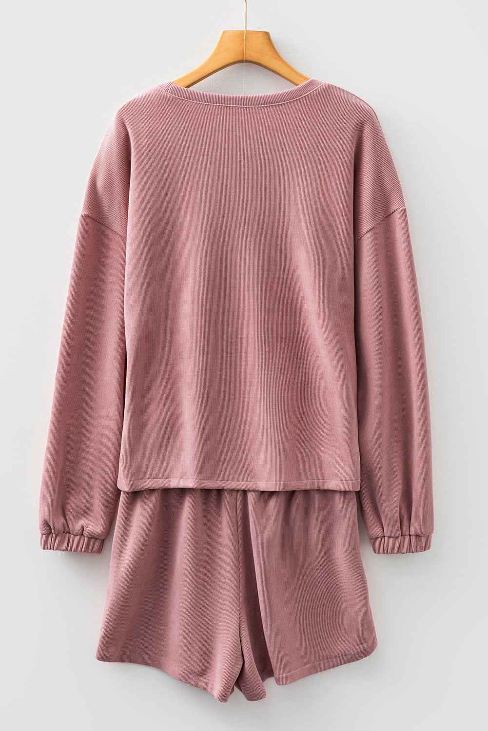 Fushia Solid Color Textured Knit Drop Shoulder Pullover Drawstring Shorts Set