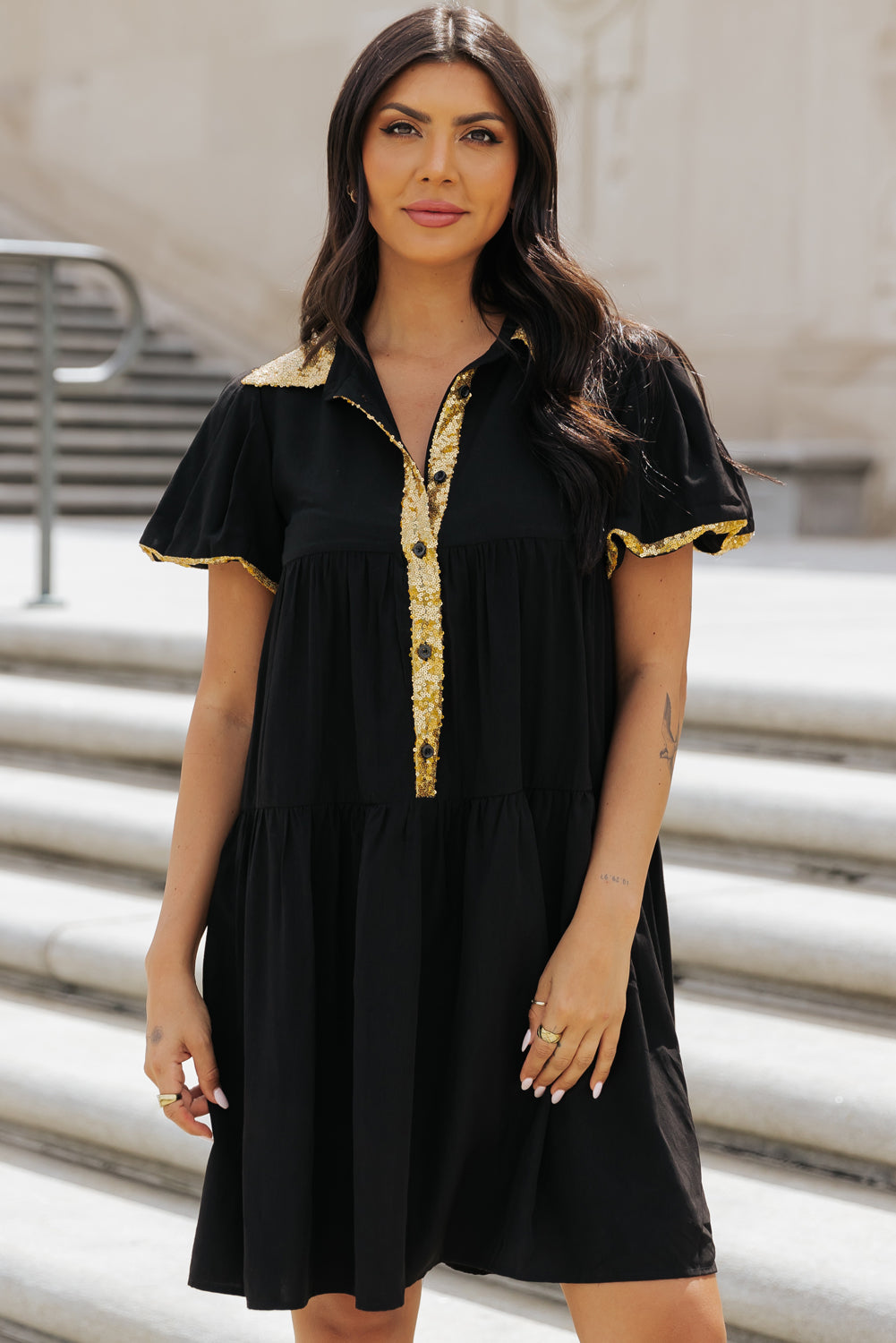 Black Sequin Trim Bubble Sleeve Game Day Shirt Dress Dear-Lover Dropshipping