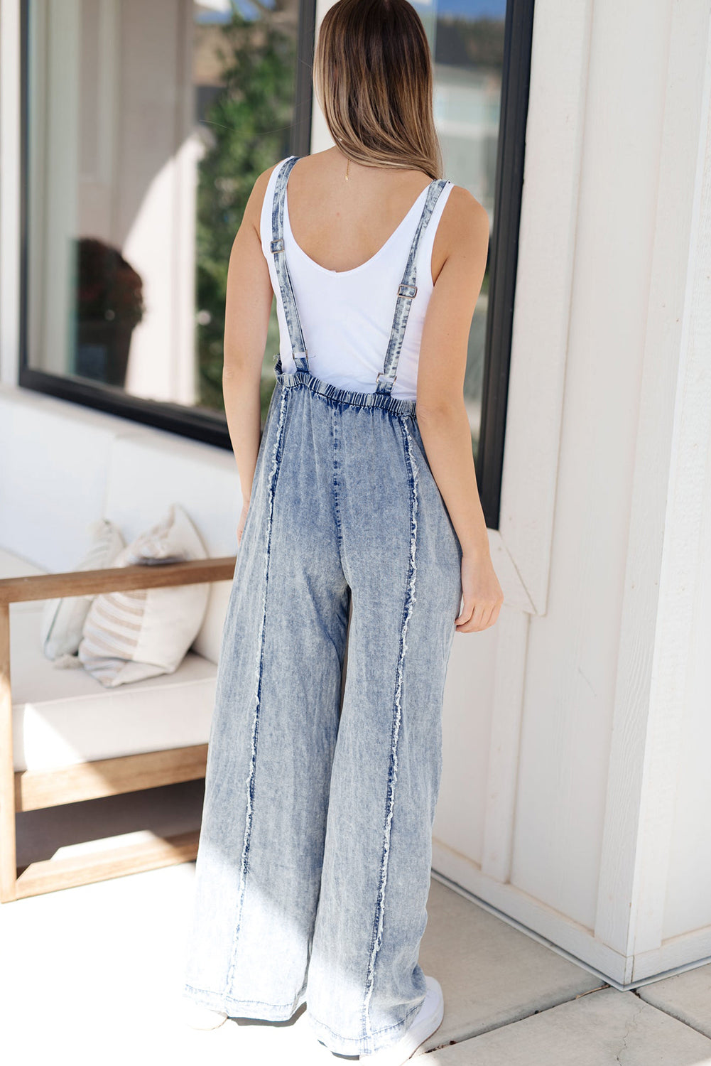 Beau Blue Light Wash Frayed Exposed Seam Wide Leg Denim Overall Dear-Lover Dropshipping