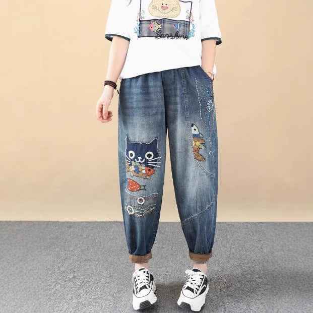 Retro Cartoon Owl Applique Embroidery Denim Pants Women Loose Plus Size Slimming Cuffed Ankle-Length Dad Harem Pants