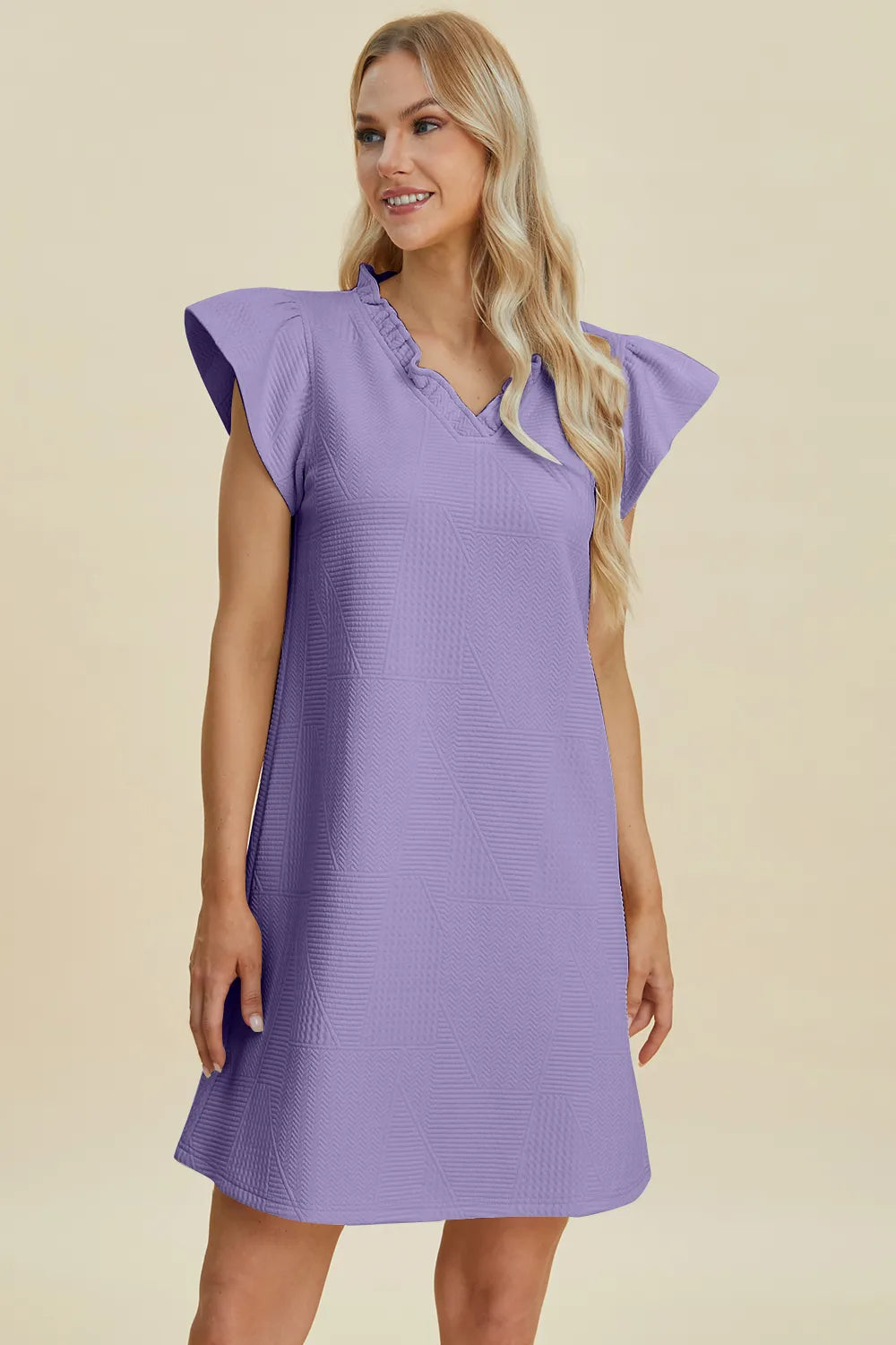 Double Take Full Size Ruffled V-Neck Cap women Sleeve Dress.