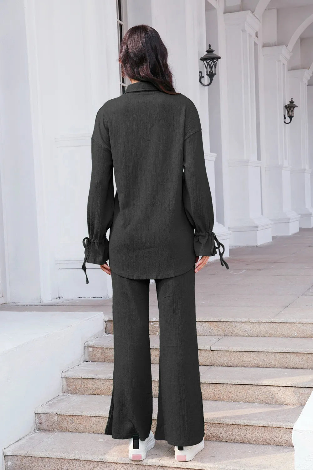 Drawstring Flounce Sleeve Shirt and Pants Set - CHIC TB