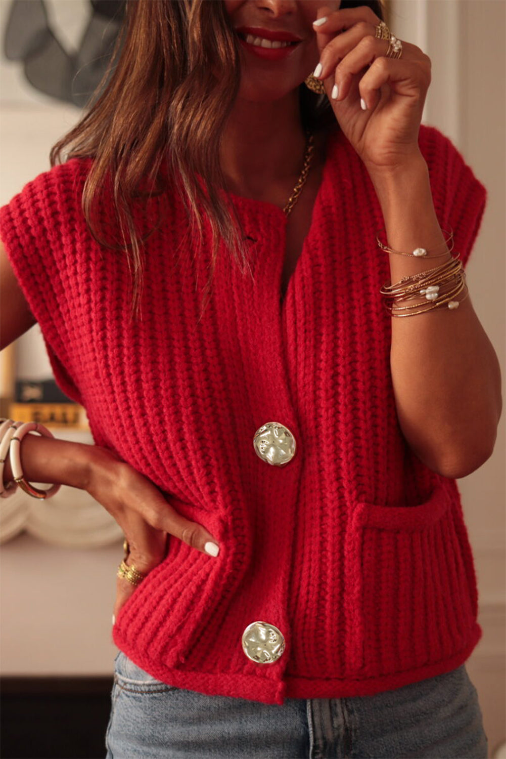 Fiery Red Solid Textured Knit Side Pockets Buttoned Sweater Vest Dear-Lover Dropshipping