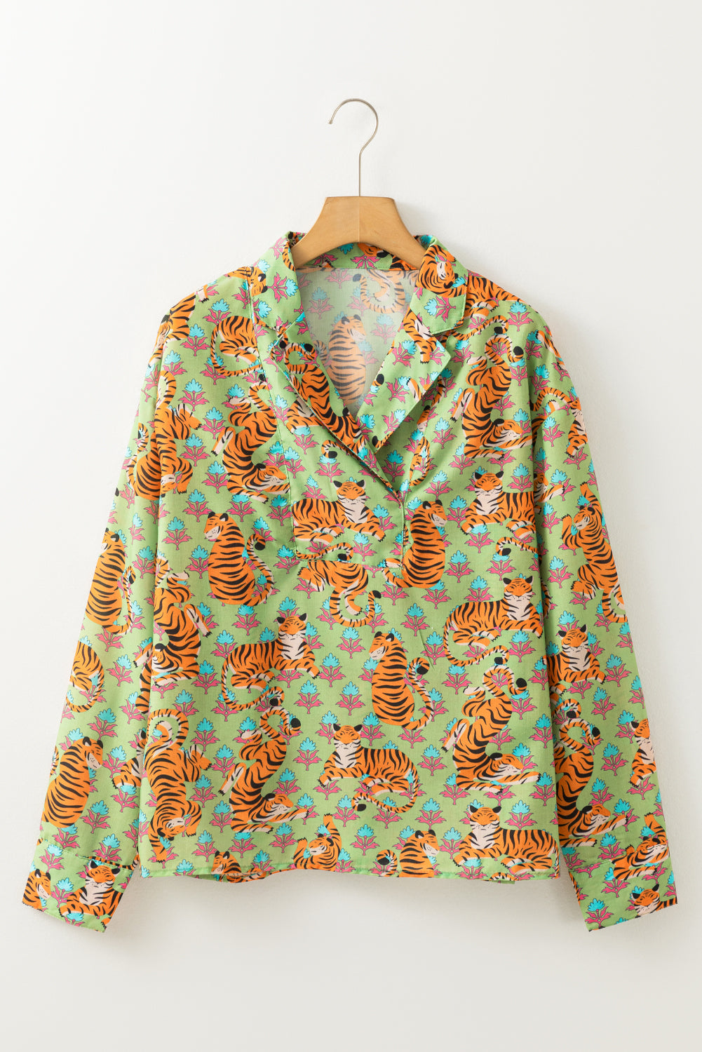 Green Tiger Floral Printed Collared V Neck Casual Shirt Dear-Lover Dropshipping