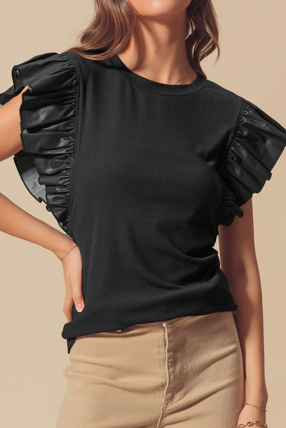 Black Leather Ruffle Sleeve Patchwork Round Neck Blouse Dear-Lover Dropshipping