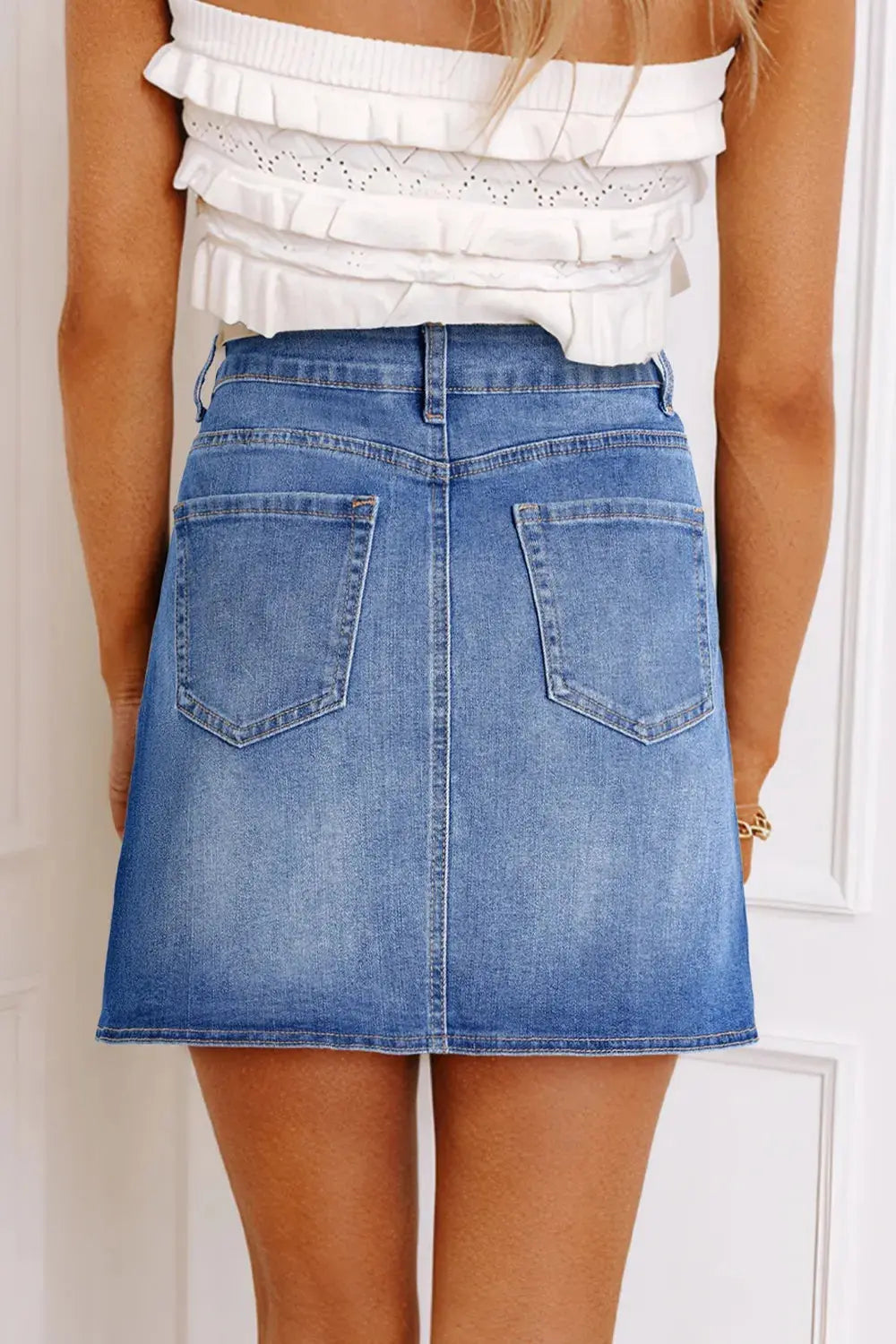 Wrapped Crossed Waist Denim Mini Skirt.