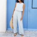 Light Blue Embroidered Wide Leg Pants Set Women Fashion Casual Two-Piece Set