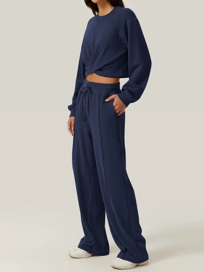 Crisscross Round Neck Top and Drawstring Pants Set.
