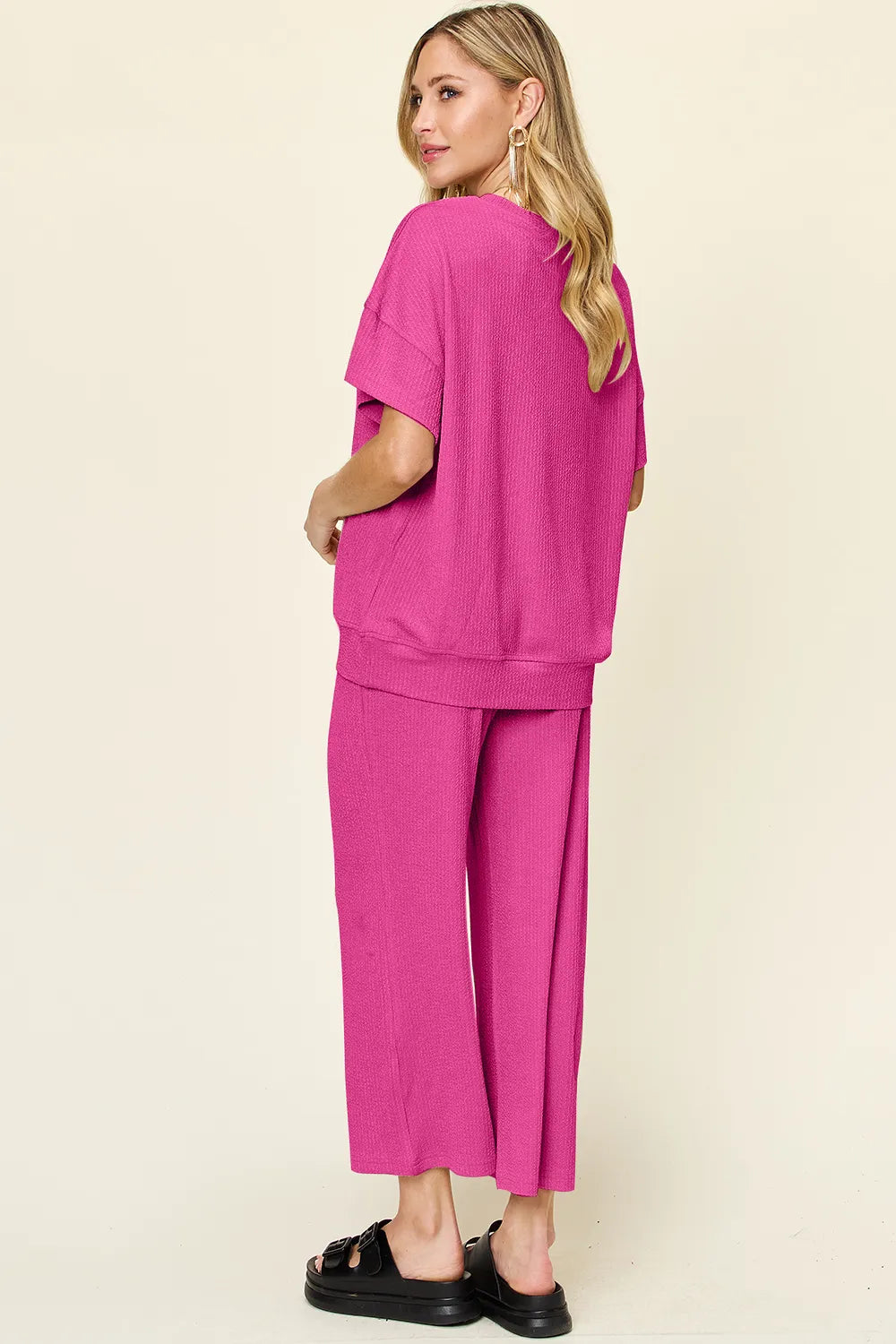 Double Take Full Size Texture Round Neck Short Sleeve T-Shirt and Wide Leg Pants - CHIC TB