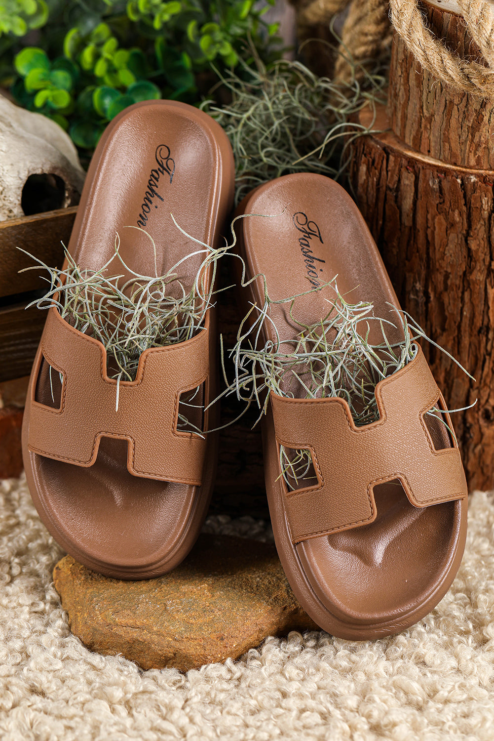 Chestnut Cutout Design Open Toe Platform Slippers (Run Small, Size Up) Dear-Lover Dropshipping