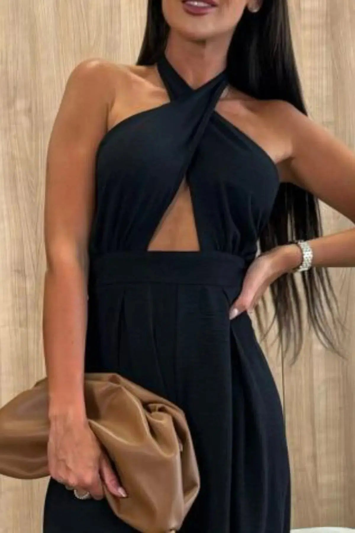 Halter Neck Wide Leg Jumpsuit with Keyhole Detail.