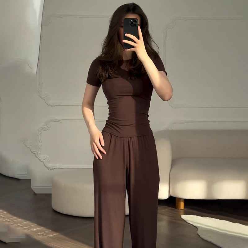 Fashionable Style Round Neck Solid Color Wide Leg Pants Elegant Commute Fashion Set