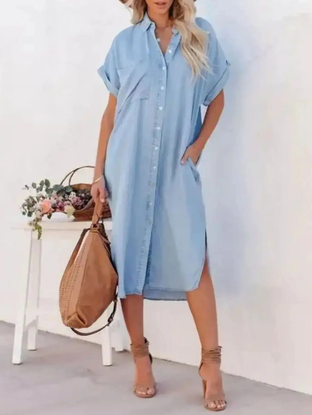 Button Down Denim Midi Shirt Dress.