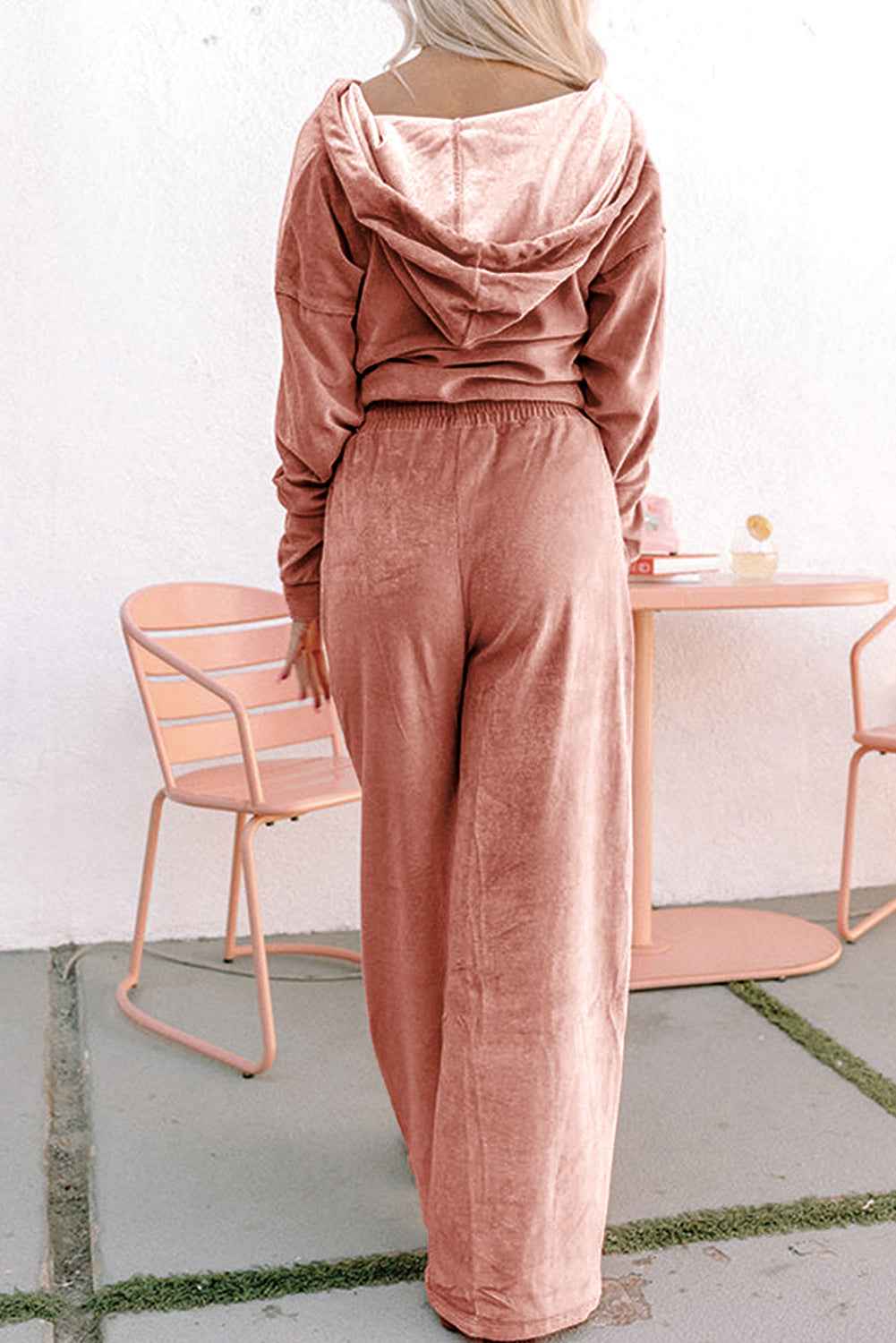 Peach Blossom Velvet Zip-up Hoodie and Wide Leg Pants Set