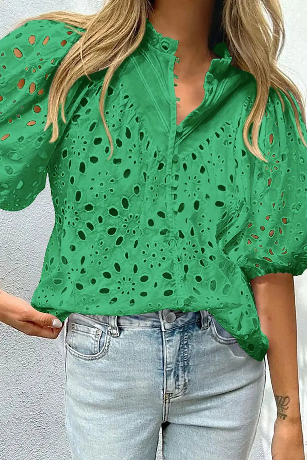 Eyelet Button Up Half Sleeve Blouse.