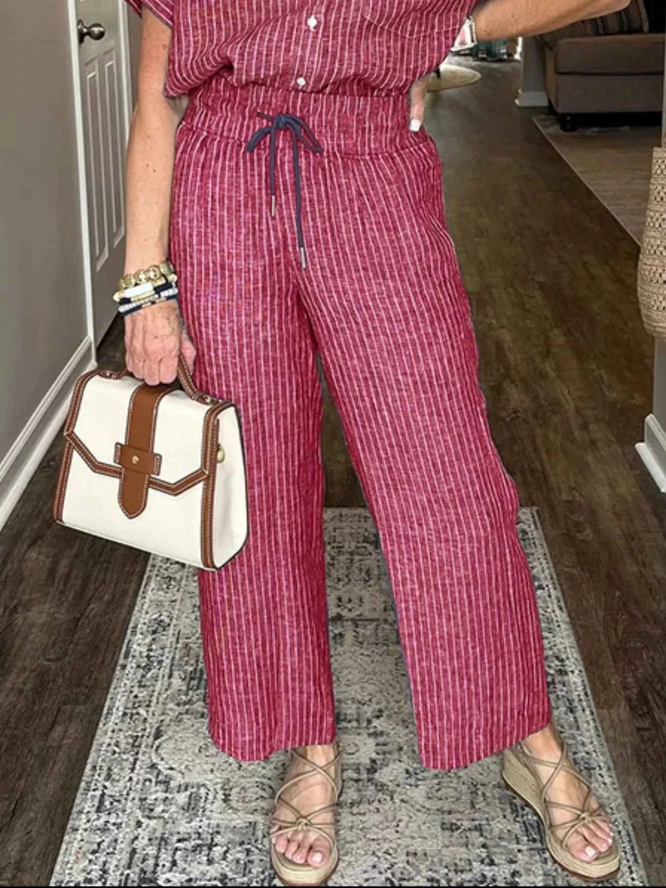 Full Size Striped Button-Up Shirt and Wide Leg Pants Casual Set Plus Size.