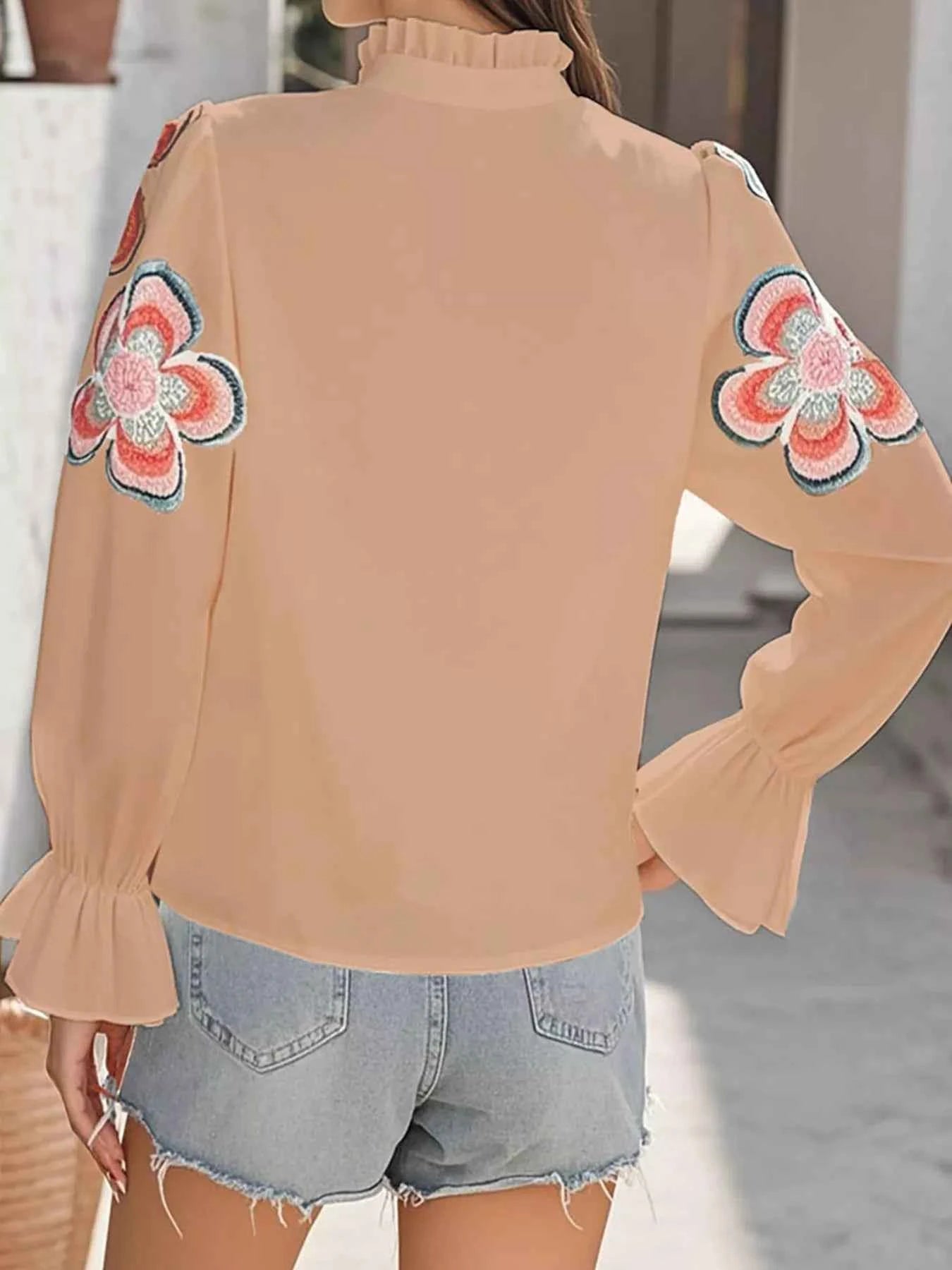 Floral Embroidered Notched Long Sleeve Blouse