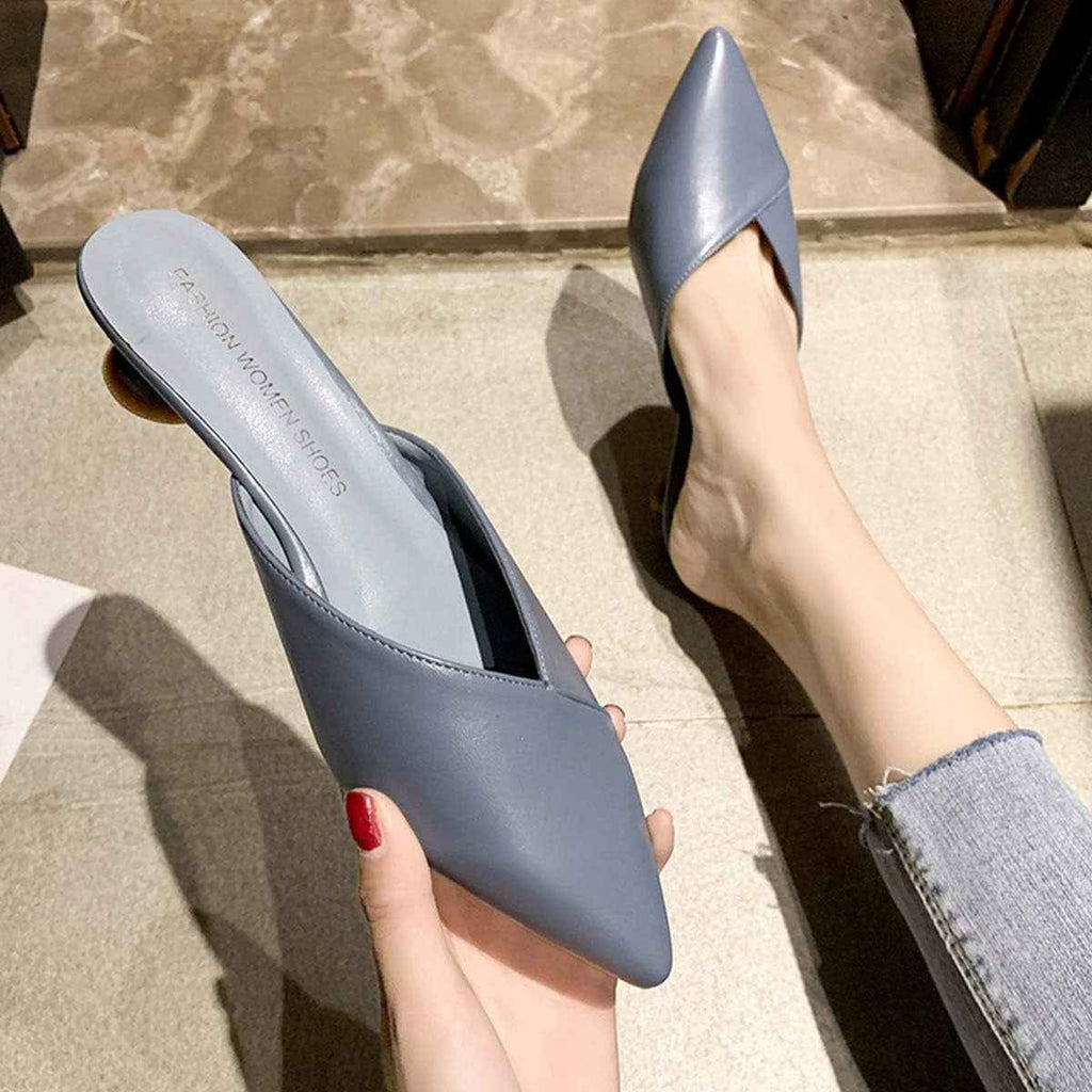 Hello Shero Comfortable Low Heel Mules Closed Pointed Toe Slip on Pumps Soft Synthetic Leather Dress Shoes Casual Daily Wear