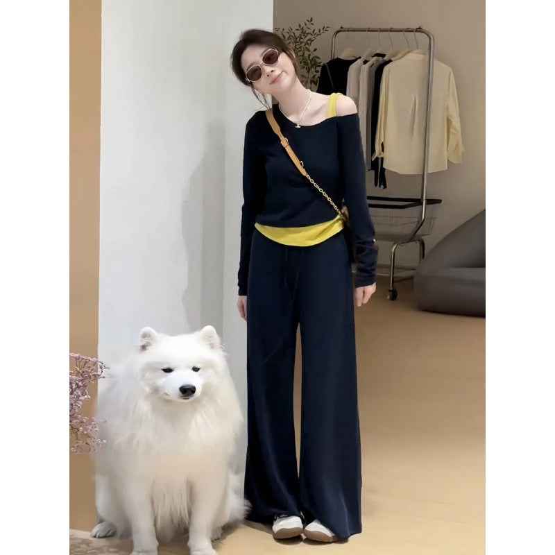 Color Block False Two-Piece  Shoulder T-Shirt for Women, Early  Style Casual Sporty Two-Piece Set