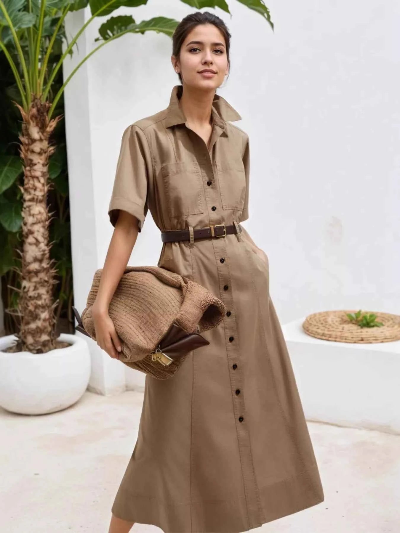 Button Front Short Sleeve Shirt Dress.