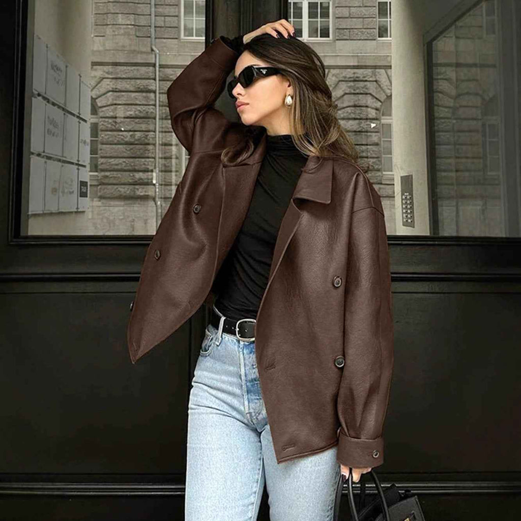 Loose suit collar leather mid length jacket for women