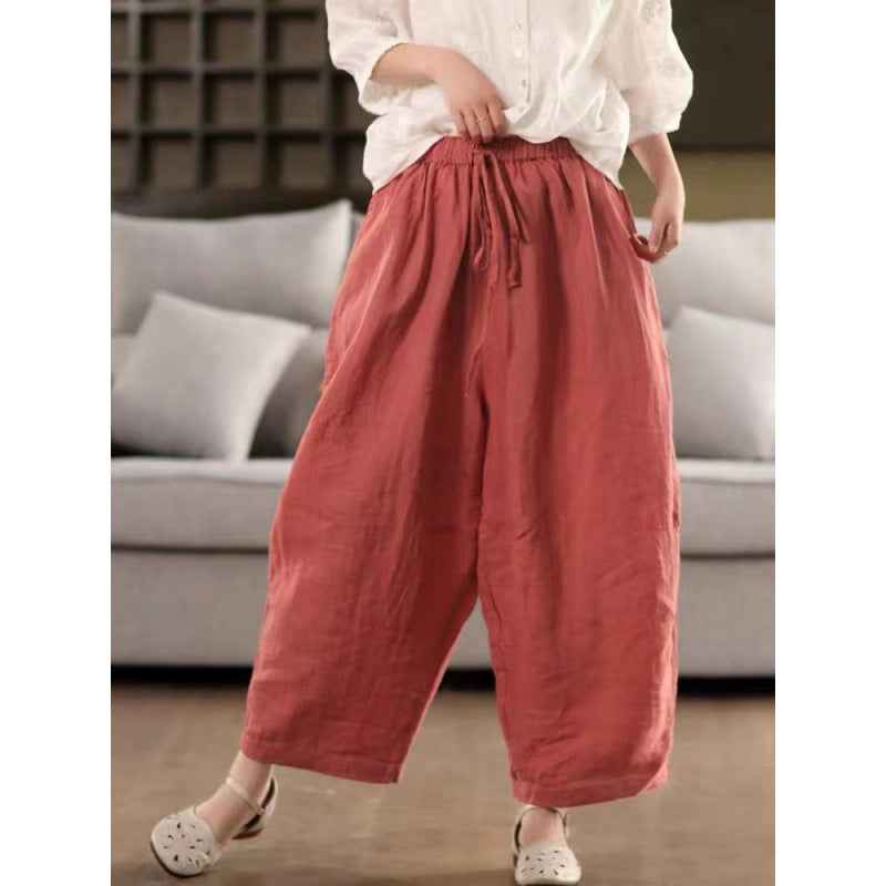 Cotton Wide-Leg Pants Women Elastic Waist Slimming Trousers Casual Wide Leg Pants Ankle-Length Pants