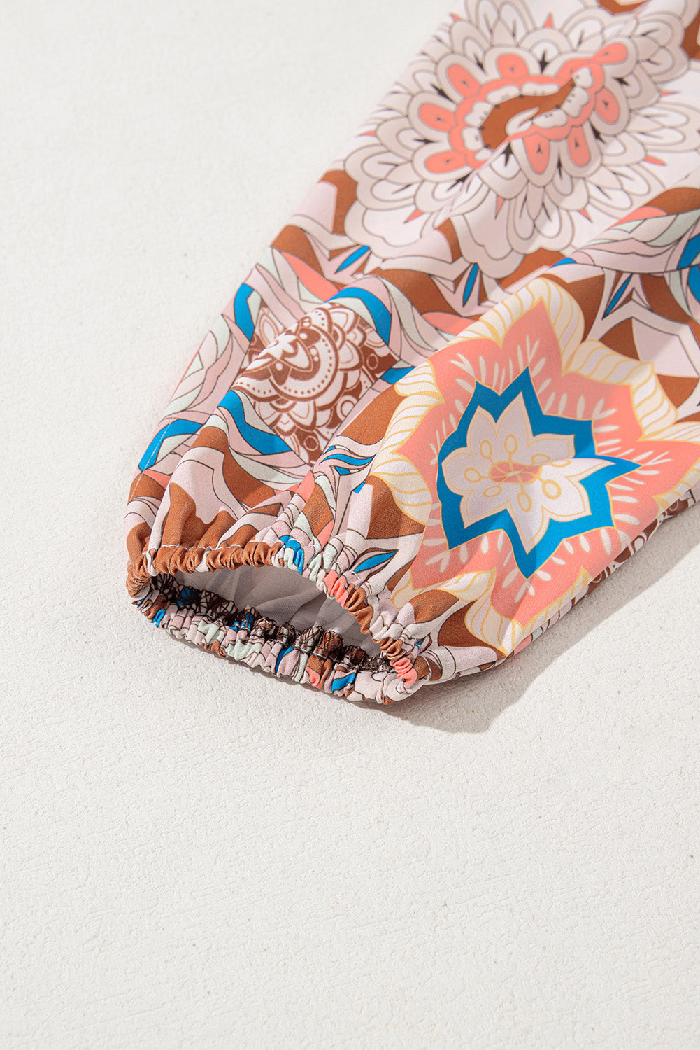 Coffee Ruffled Floral Sleeve Patchwork Waffle Knit O Neck Blouse Dear-Lover Dropshipping