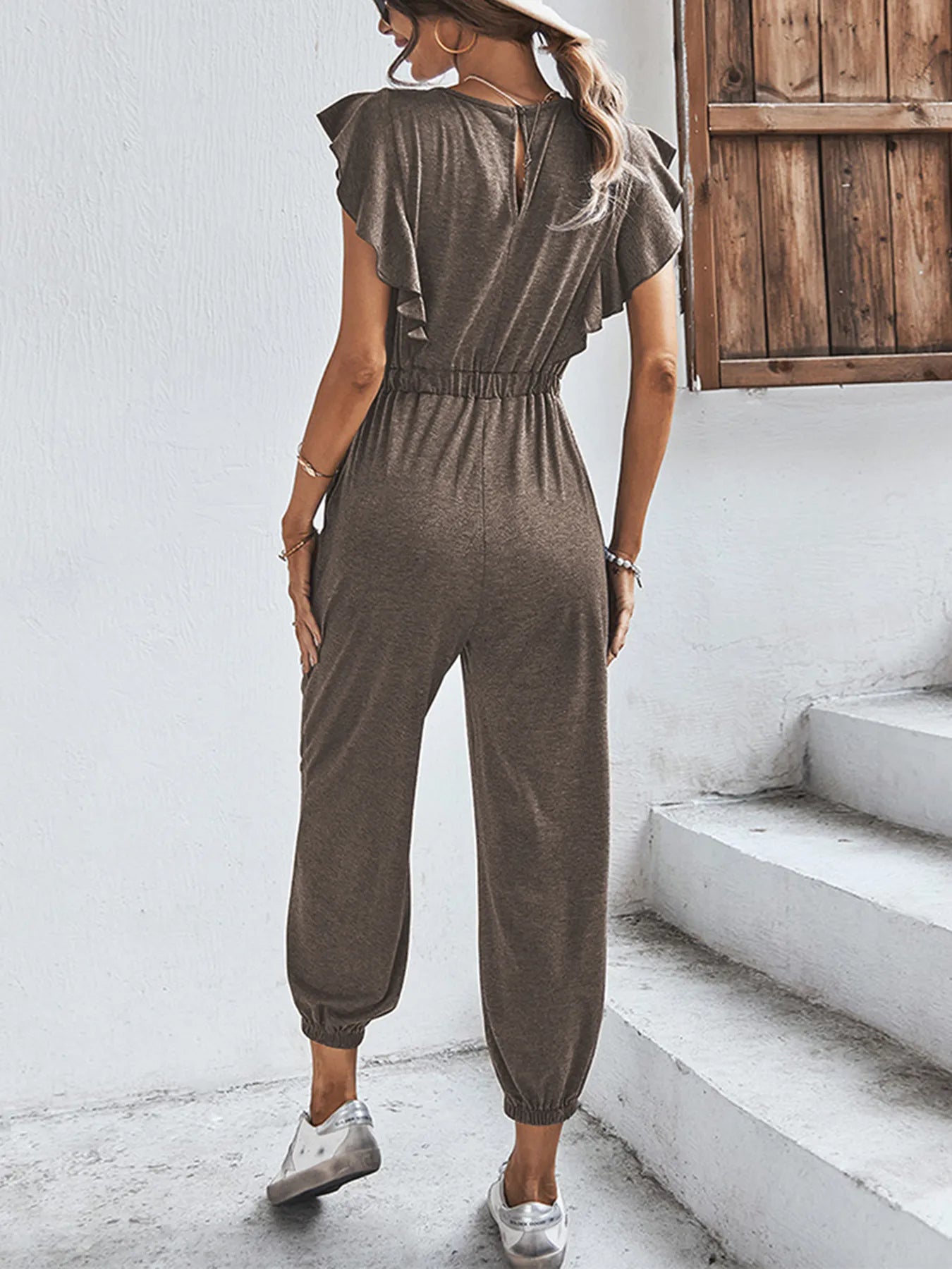 Flutter Sleeve Elastic Waist Jumpsuit.