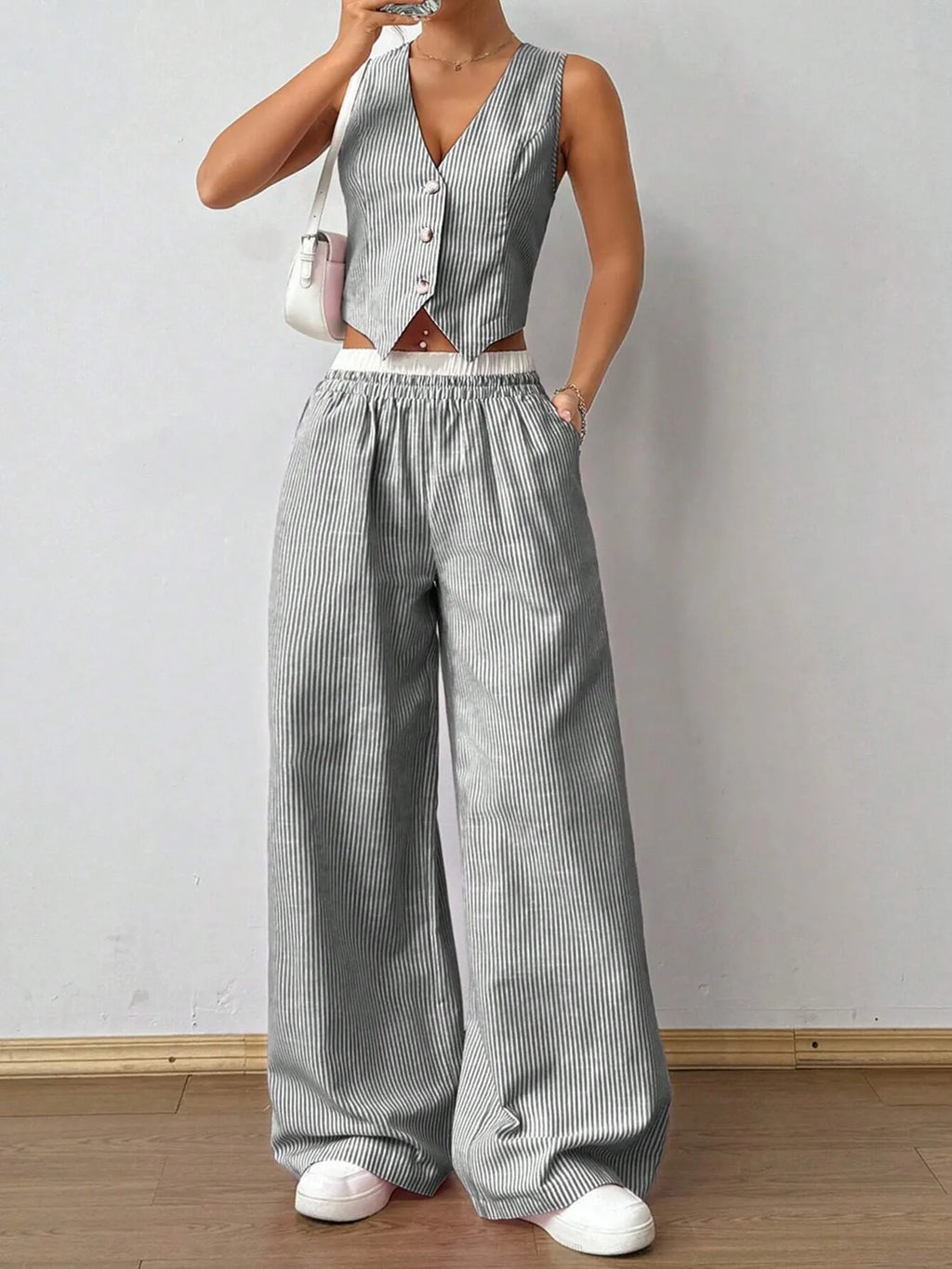 Striped Vest Top and Wide Leg Pants Two-Piece Set.