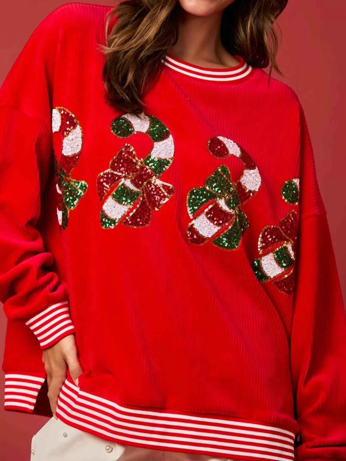Christmas Sequin Candy Cane and Santa Sweatshirt with Striped Hem