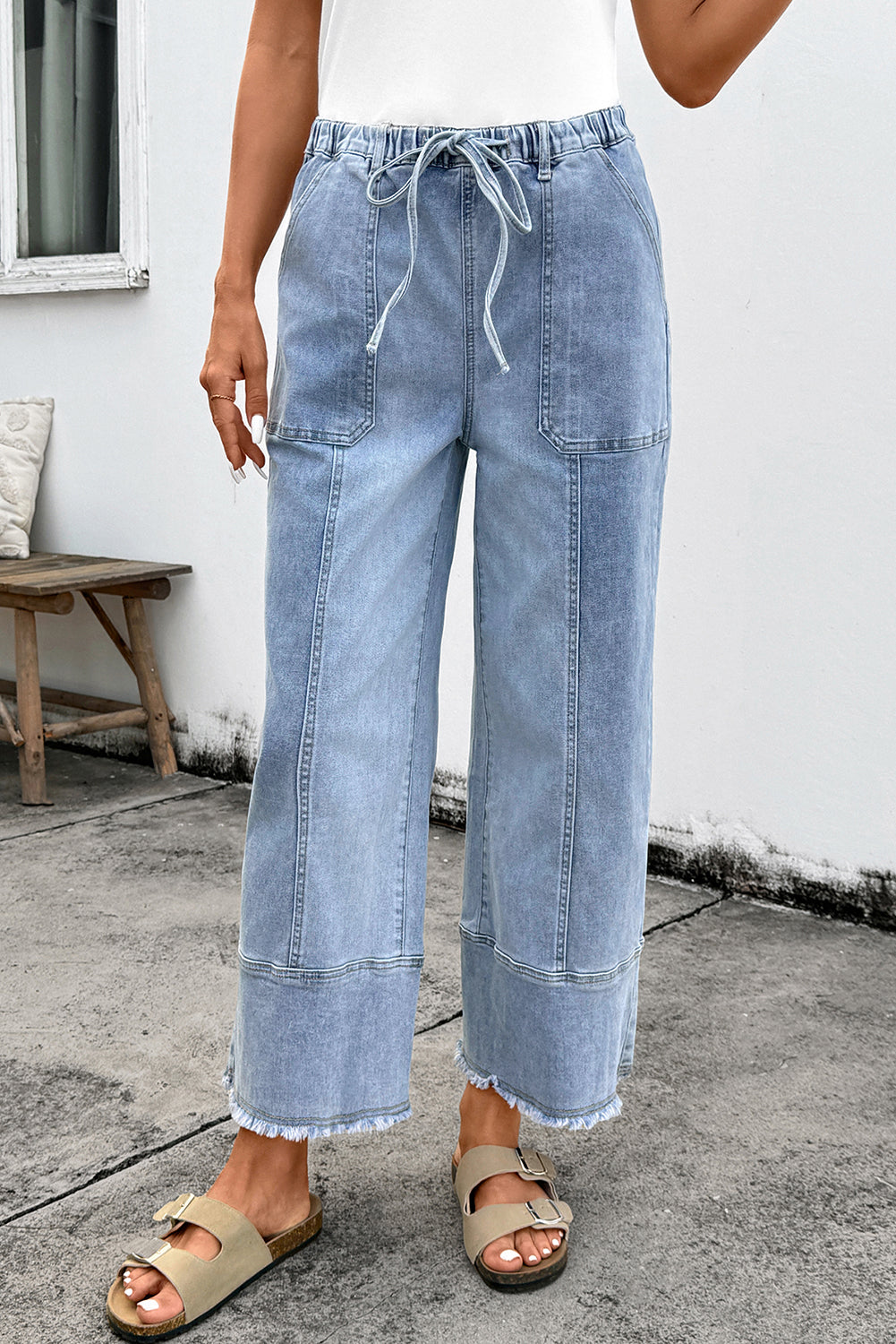 Beau Blue Drawstring Seam Detail Raw Hem Wide Leg Denim Pants