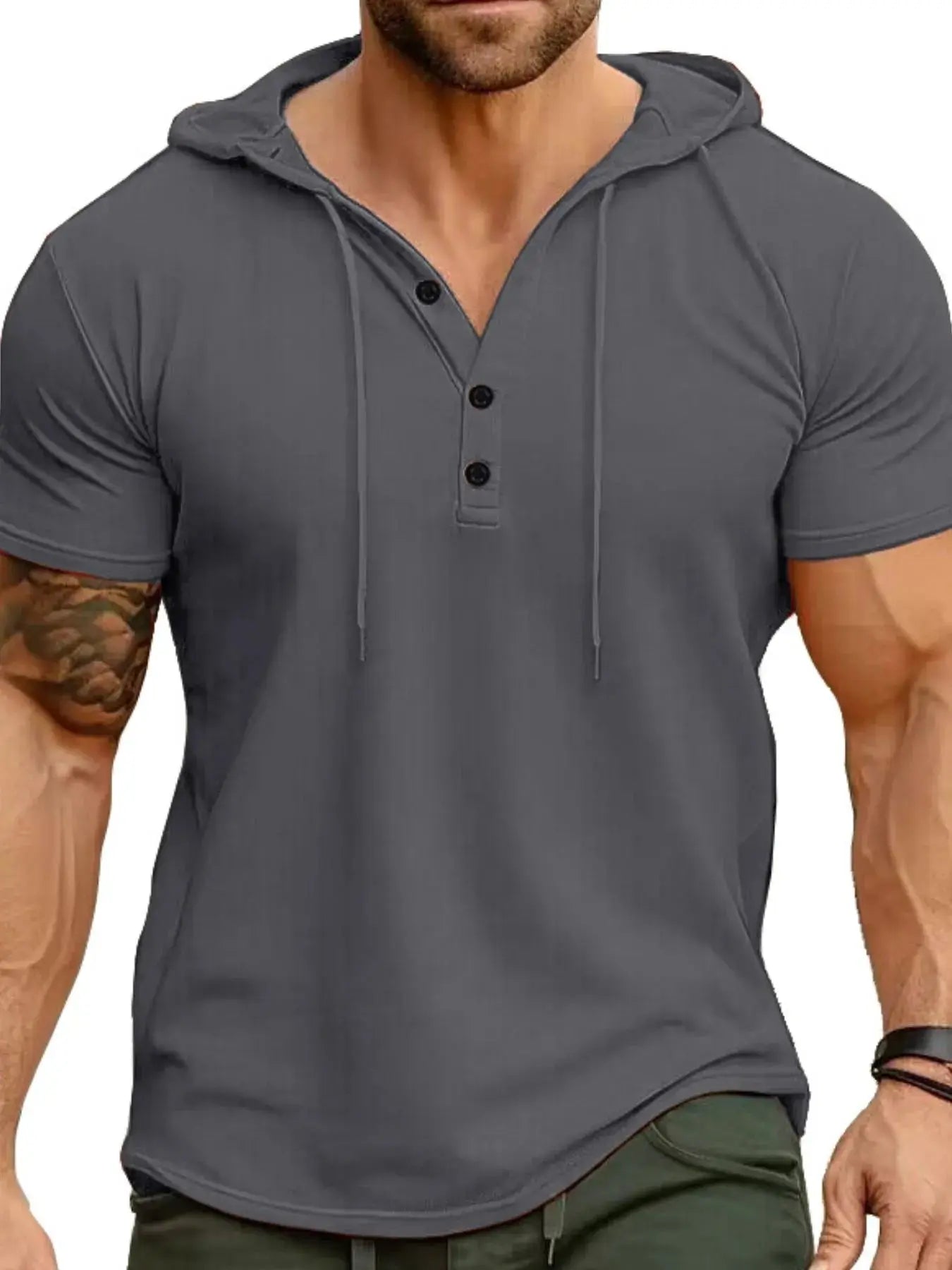 Men's Full Size Casual Hooded Henley T-Shirt Plus Size.