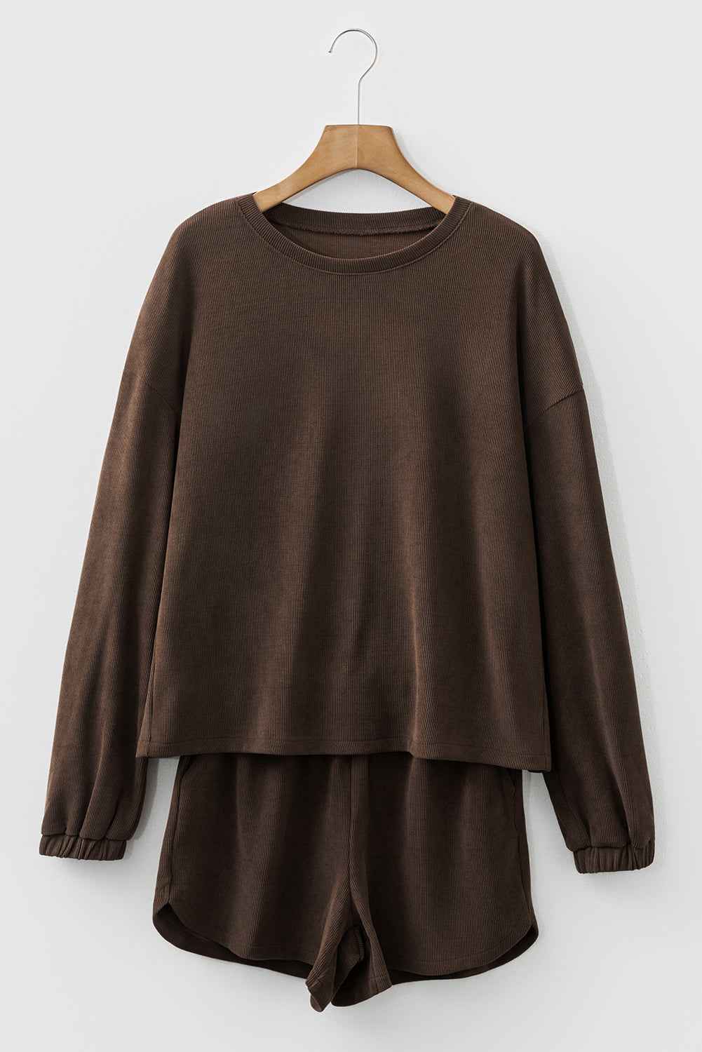 Dark Brown Solid Color Textured Knit Drop Shoulder Pullover Drawstring Shorts Set